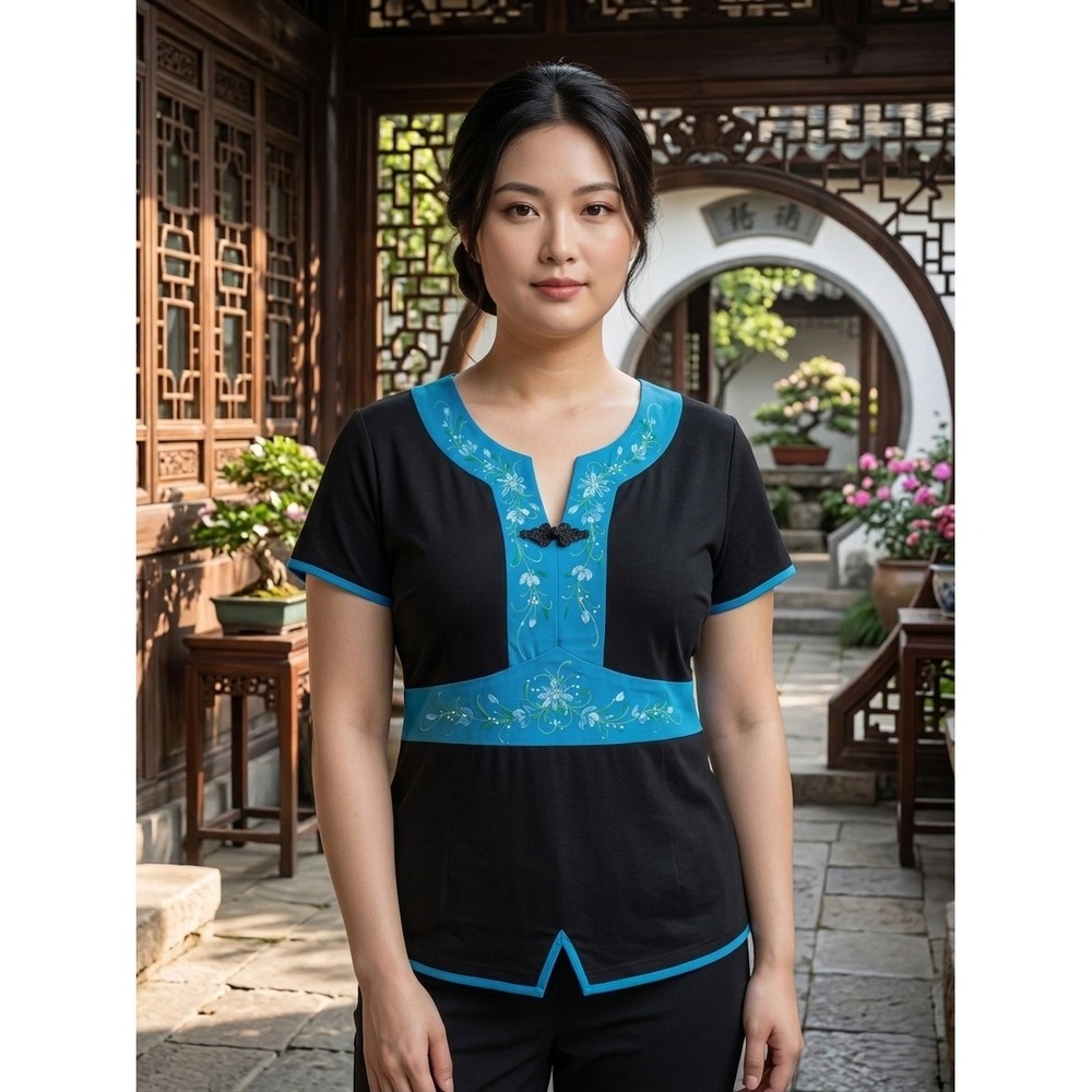 Silver Dragon DeOriental Top Womens 3XL Classic Black Turquoise Floral Frog Knot